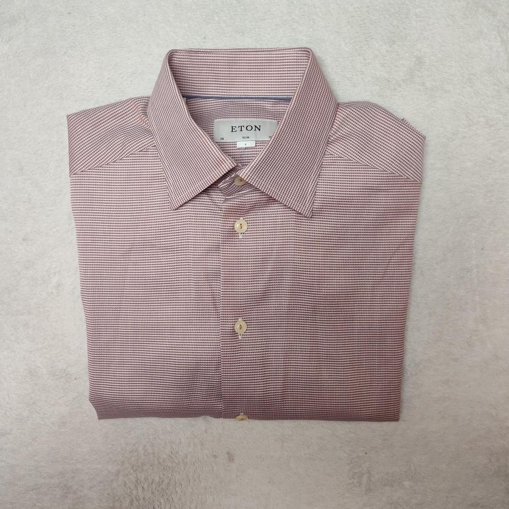 Eton Shirt Mens Small 15 Pink Houndstooth Slim Spread Collar Dress Long Sleeve